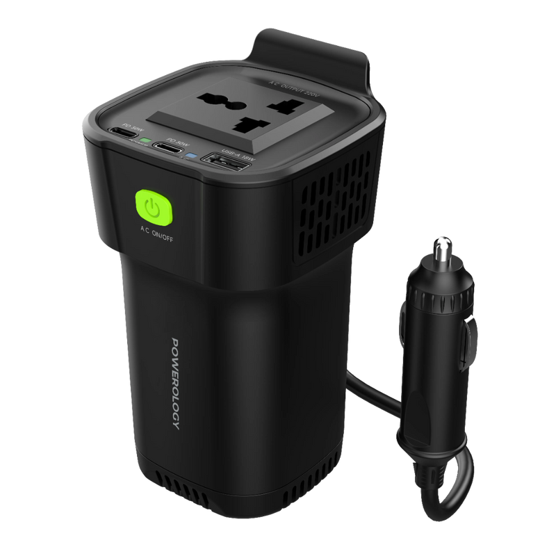 Powerology 150W Cup Holder Inverter - Dual USB-C & QC3.0 Black