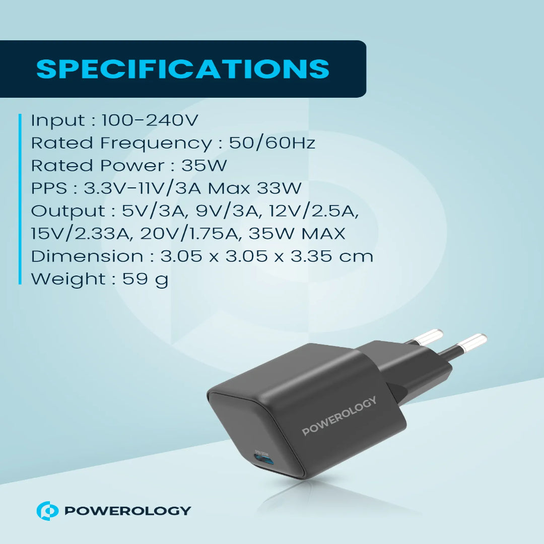 35W GaN Charger - Powerology Fast Charging Adapter for iPad 12.9" | Compact USB-C PD