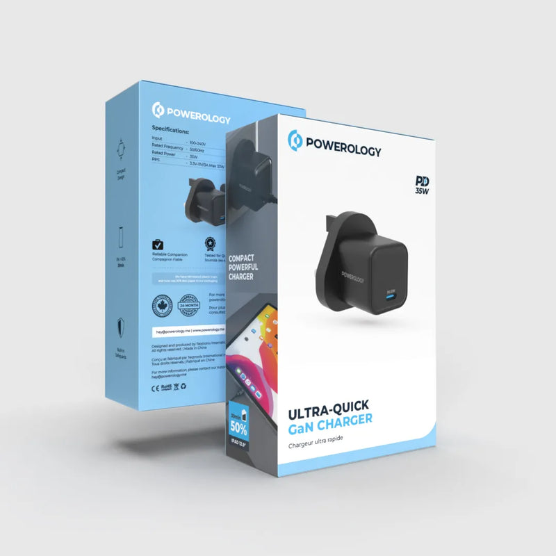 Powerology Ultra-Quick GaN Charger UK - 35W Fast Charging Black
