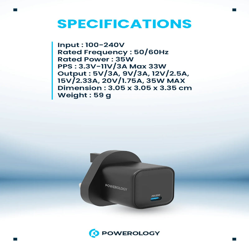 Powerology Ultra-Quick GaN Charger UK - 35W Fast Charging Black