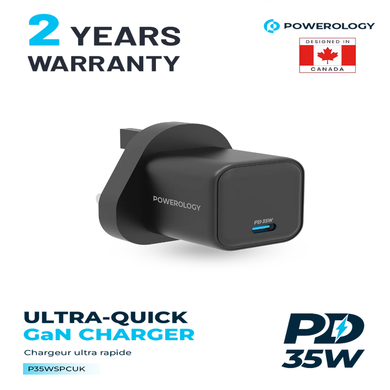 Powerology Ultra-Quick GaN Charger UK - 35W Fast Charging Black