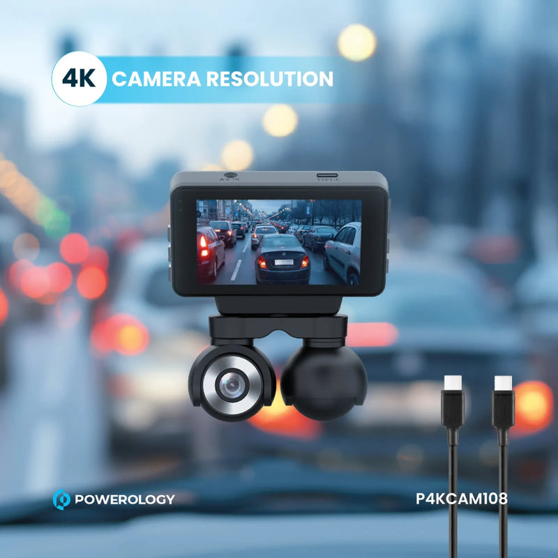 Powerology Dual Lens 4K Dash Camera with Night Vision Black