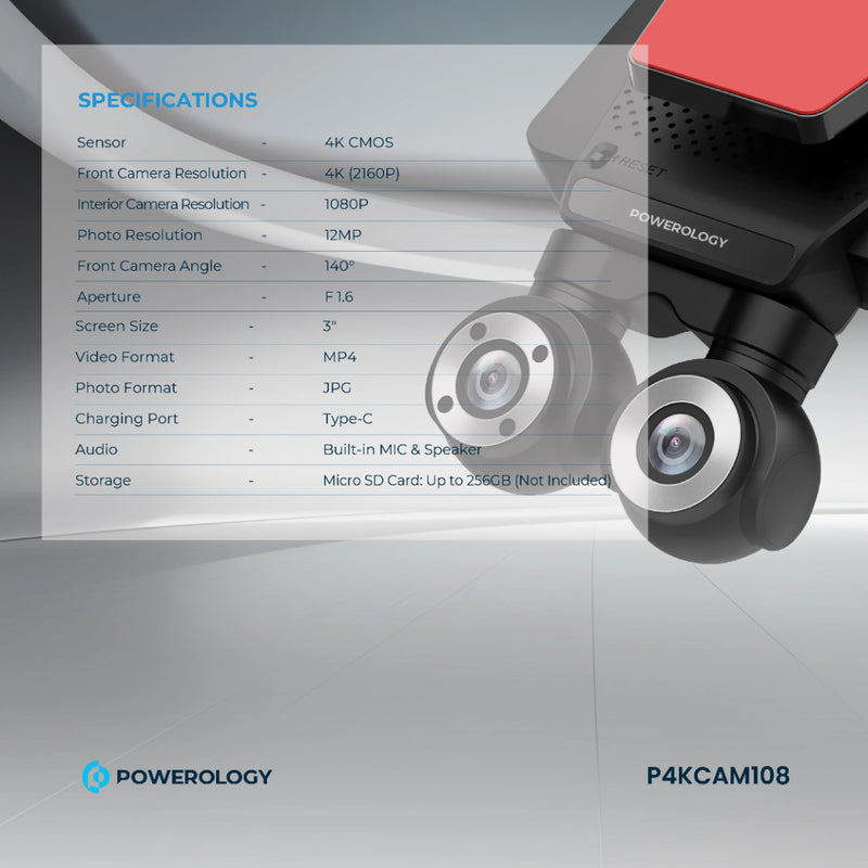 Powerology Dual Lens 4K Dash Camera with Night Vision Black