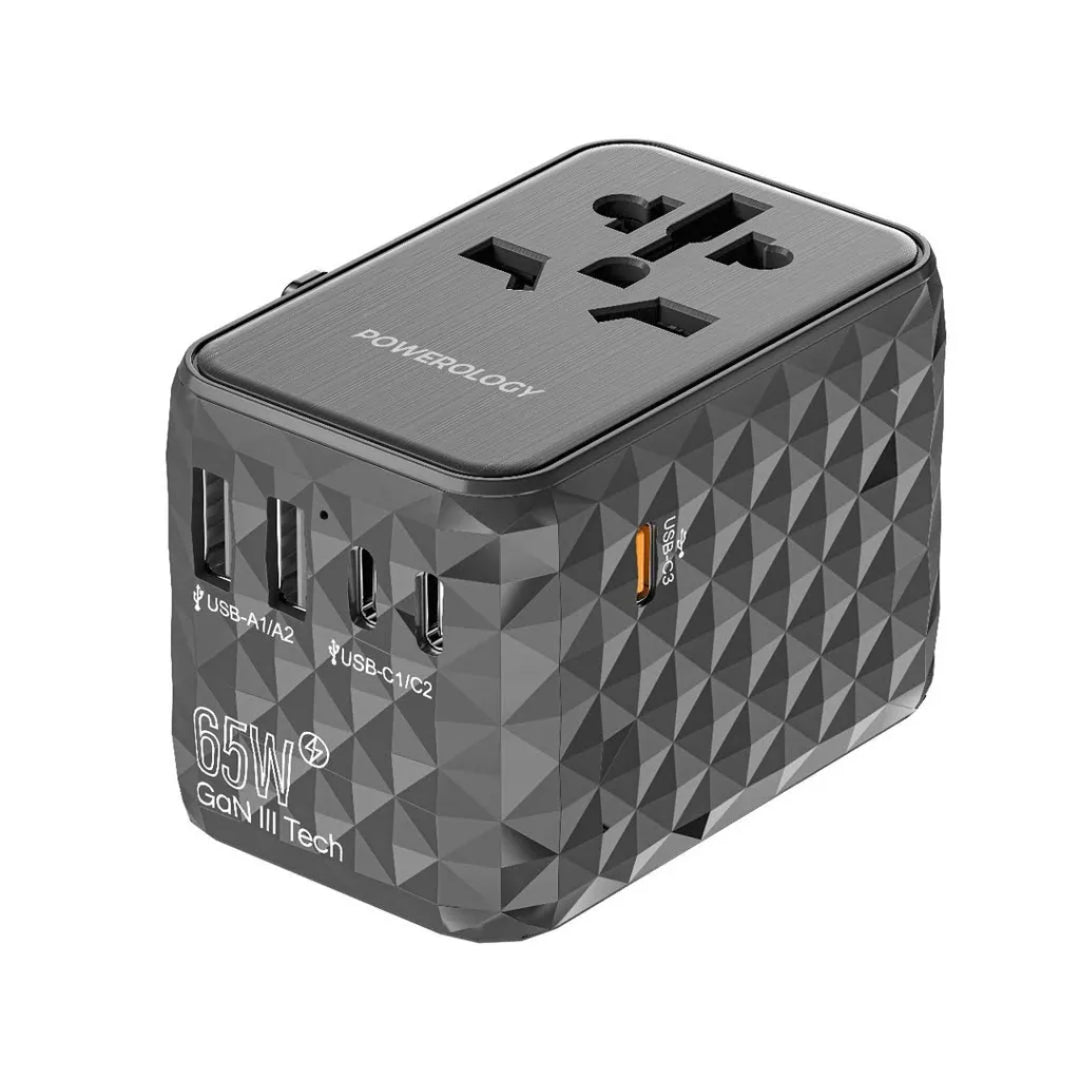 GaN Travel Adapter - Powerology 65W Multi Port Charger | Fast Charging USB-C PD