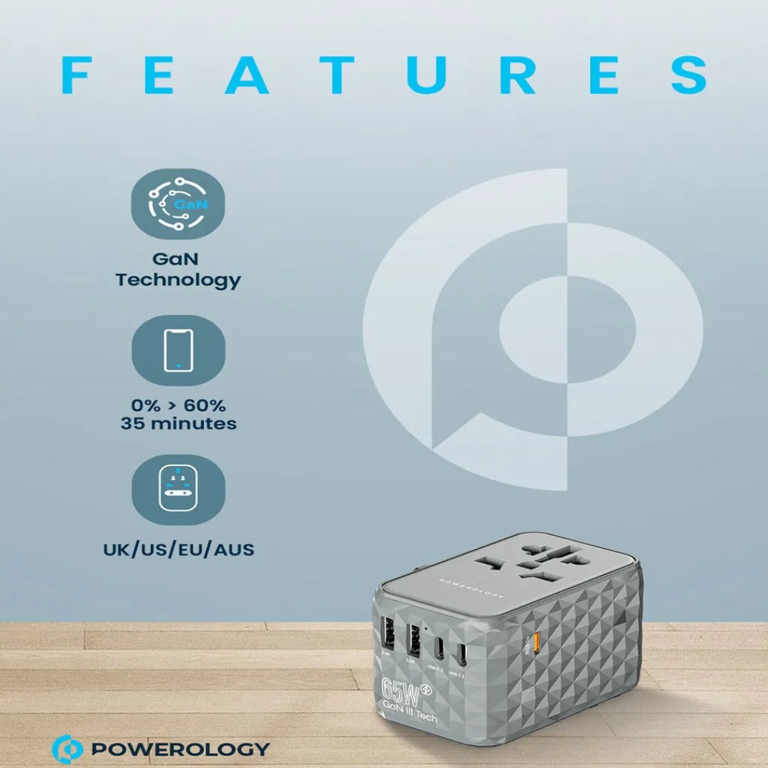 GaN Travel Adapter - Powerology 65W Multi Port Charger | Fast Charging USB-C PD