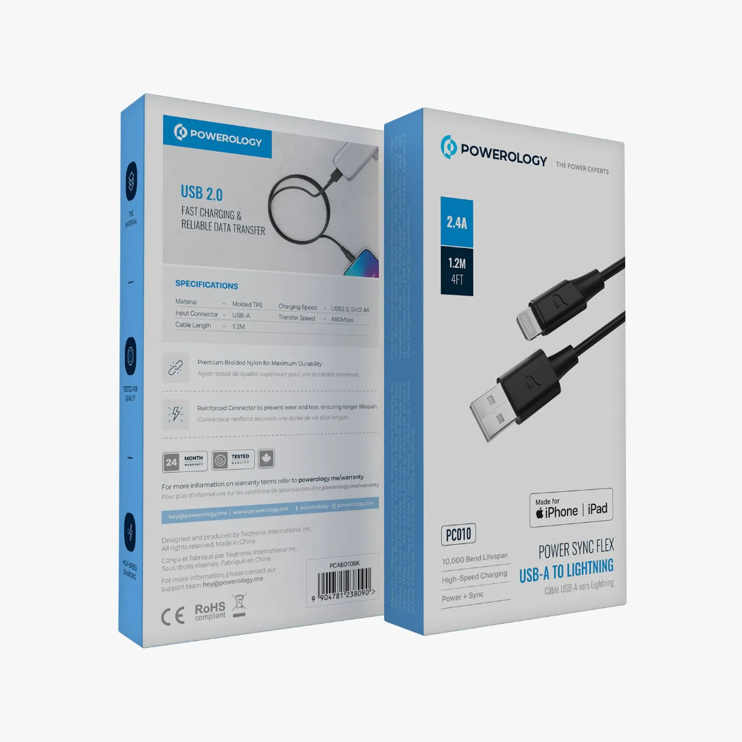USB-A to Lightning Cable – Powerology Fast Charging Braided Nylon Cord 1.2M