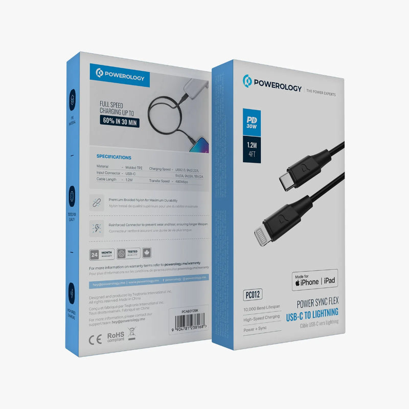 Powerology Power Sync Flex USB-C to Lightning 1.2M Cable Black