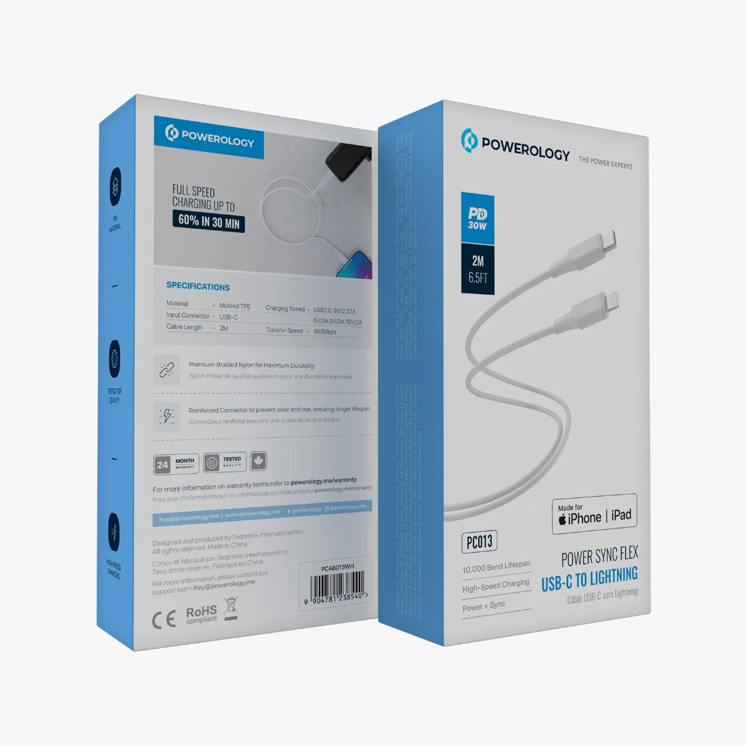 USB-C to Lightning Cable 2M - Powerology Power Sync Flex Braided Nylon PD 30W Charger