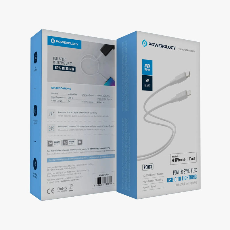 Powerology Power Sync Flex USB-C to Lightning 2M Cable White