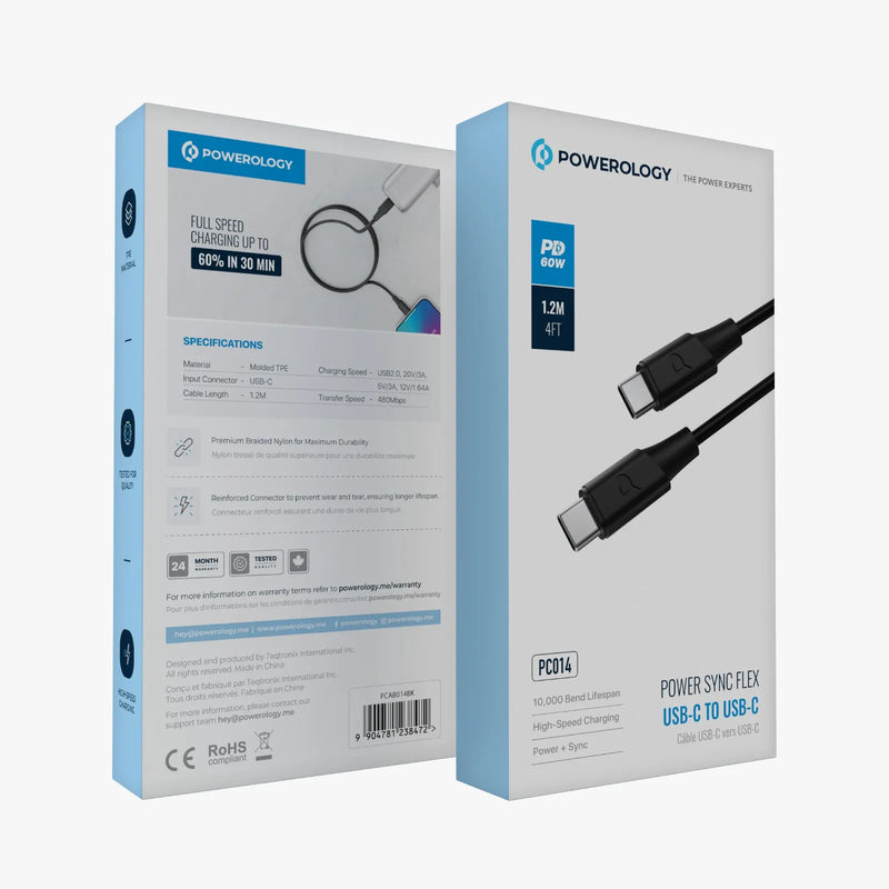 Powerology Power Sync Flex USB-C to USB-C 1.2M Cable PD 60W Black