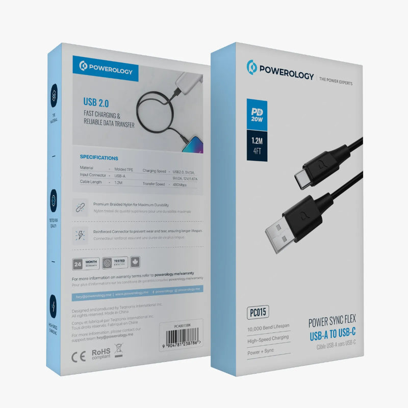 Powerology Power Sync Flex USB-A to USB-C 1.2M Cable PD 20W Black
