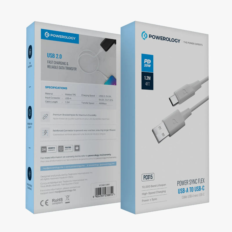 Powerology Power Sync Flex USB-A to USB-C 1.2M Cable PD 20W White