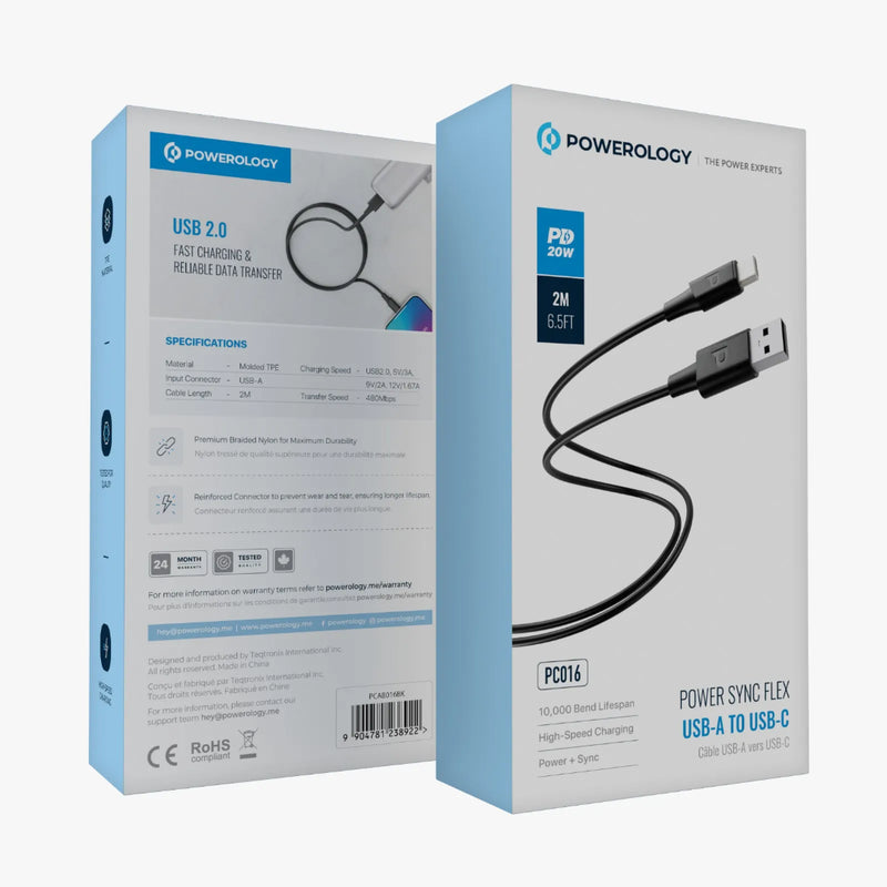 Powerology Power Sync Flex USB-A to USB-C 2M Cable PD 20W Black