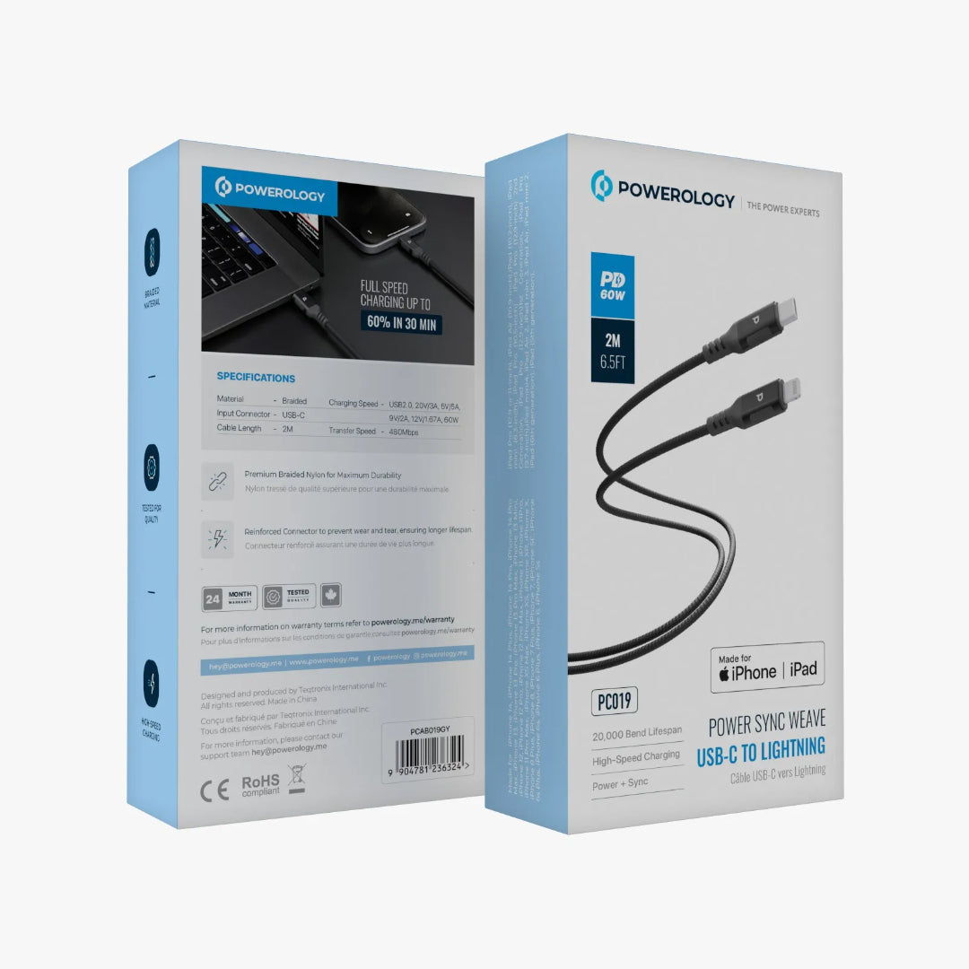USB-C to Lightning Cable - Powerology Power Sync 60W Braided Nylon 2M Charger