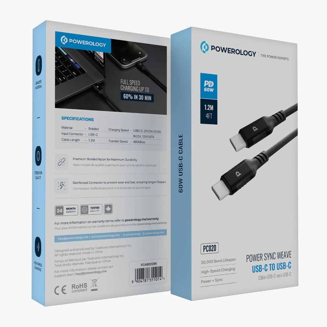USB-C PD 60W Cable - Powerology Power Sync Braided Nylon Fast Charging Cord 1.2M