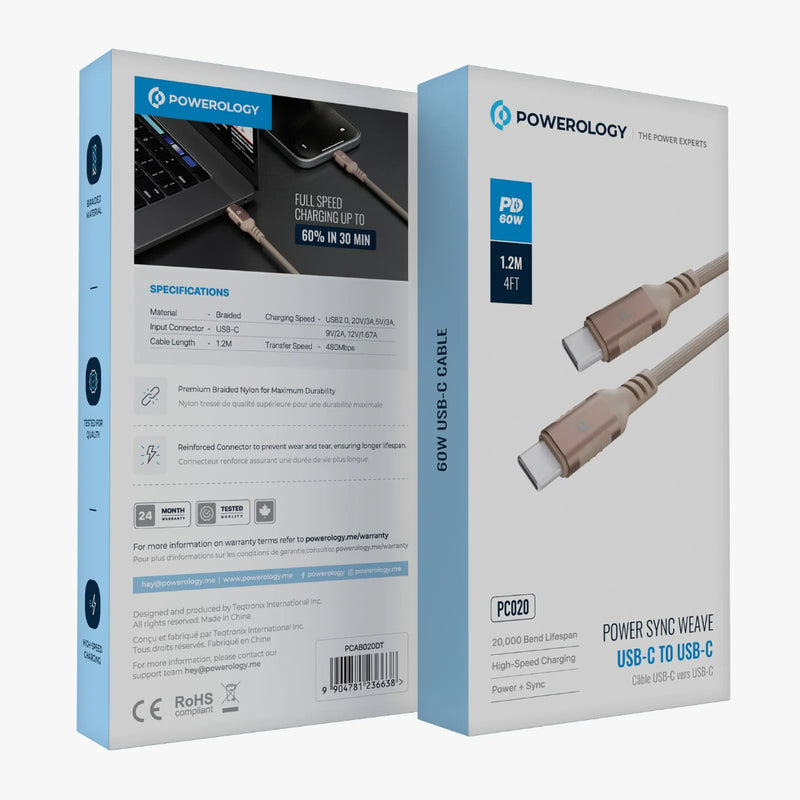 Powerology Power Sync Weave USB-C PD 60W 1.2M Cable Desert