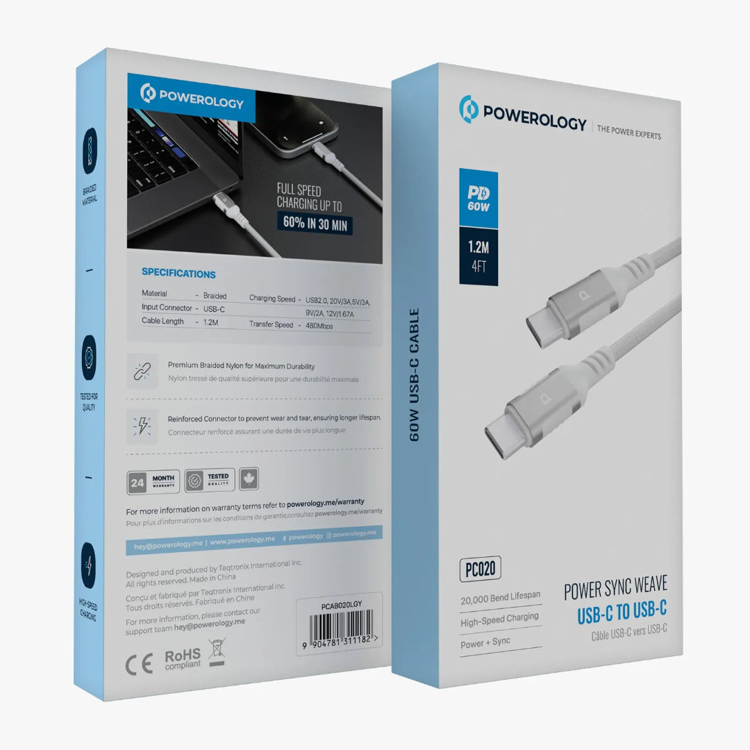 USB-C PD 60W Cable – Powerology Braided Nylon Fast Charging Cord 1.2M