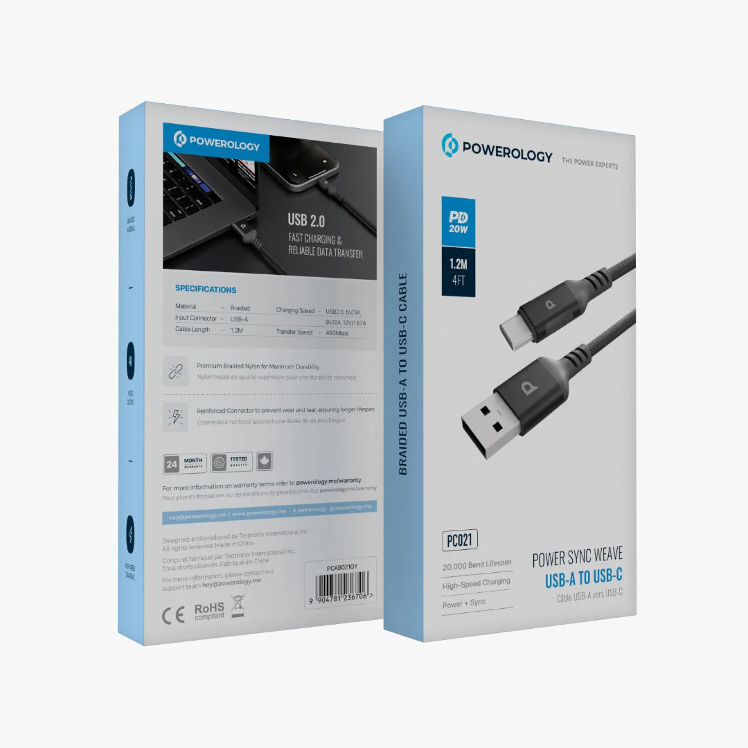 USB-A to USB-C Cable - Powerology 1.2 Meter Braided Nylon Fast Charging Cord 20W PD