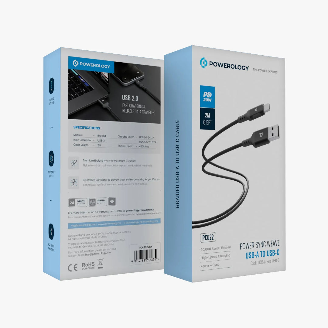 USB-A to USB-C Cable – Fast Charging Durable Braided Nylon 2 Meter Power Delivery Cord
