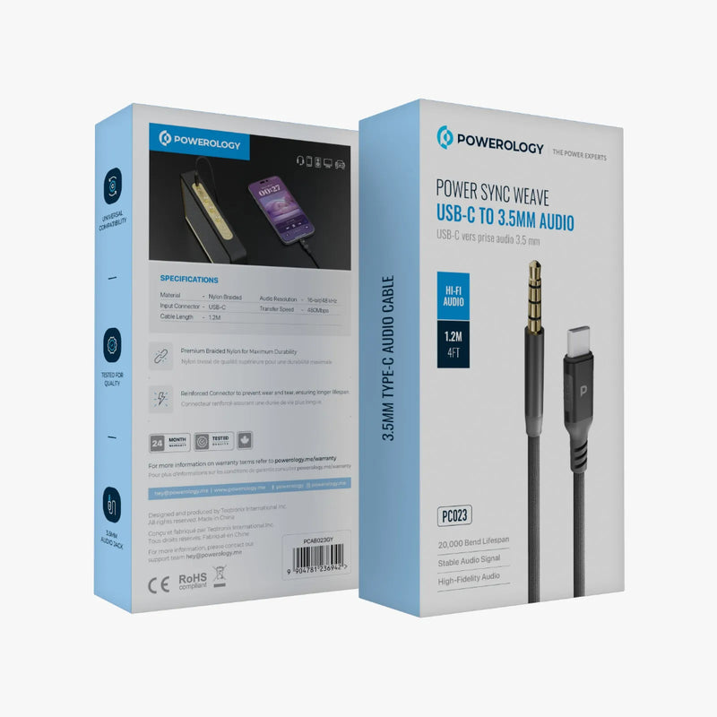 Powerology Power Sync Weave USB-C to 3.5mm Audio Cable Gray