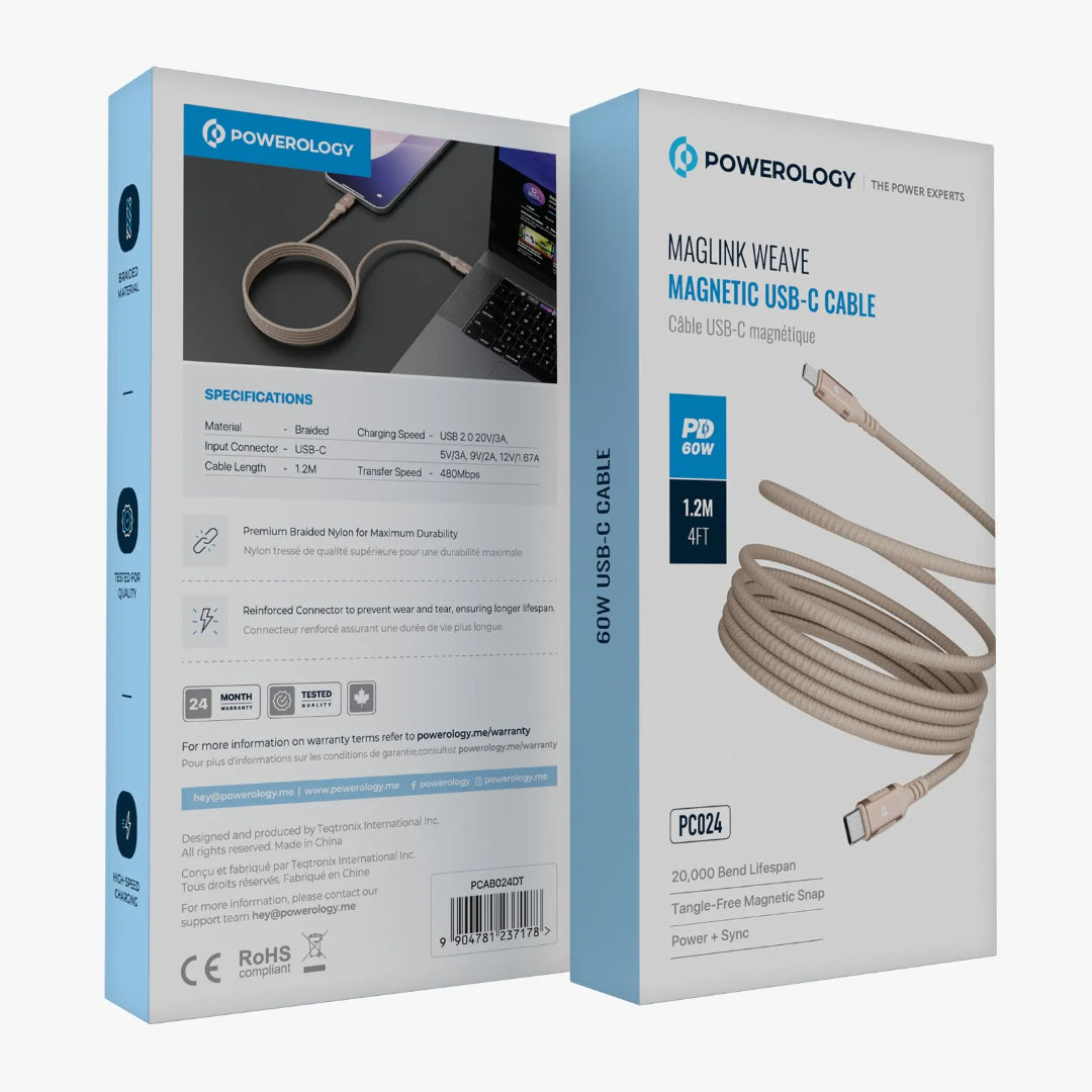 Magnetic USB-C Cable Powerology Malinka Weave 1.2M PD 60W - Braided Durable Charging Cord