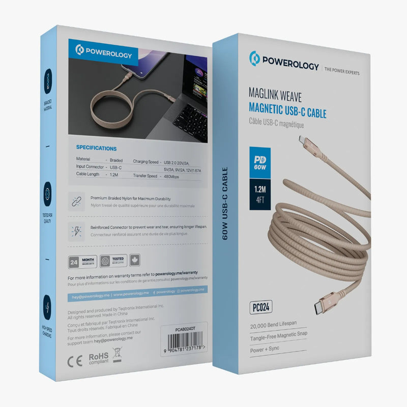 Powerology Malinka Weave Magnetic USB-C Cable 1.2M PD 60W Desert Titanium