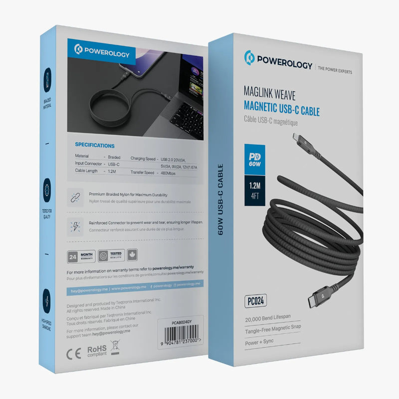 Powerology Malinka Weave Magnetic USB-C Cable 1.2M PD 60W Gray