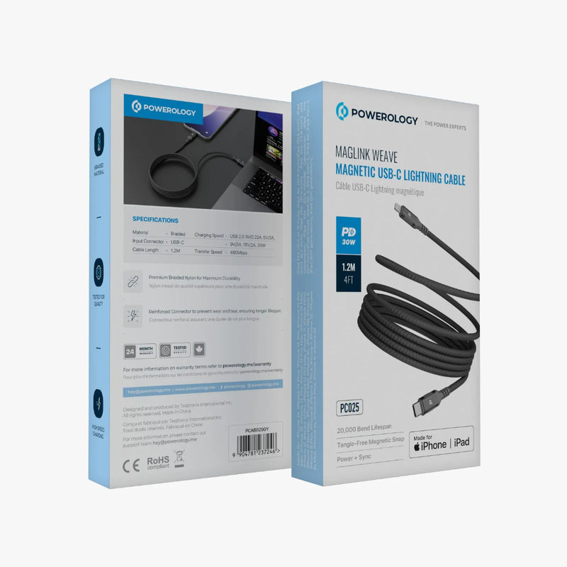 Powerology Malinka Weave Magnetic USB-C to Lightning Cable 1.2M Gray
