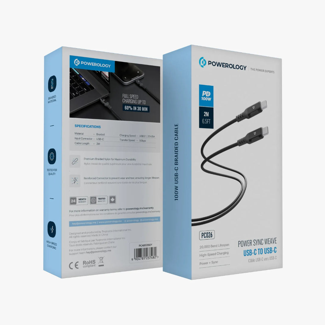 Usb C Cable Powerology Power Sync Weave 2M PD 100W Durable Braided Charger