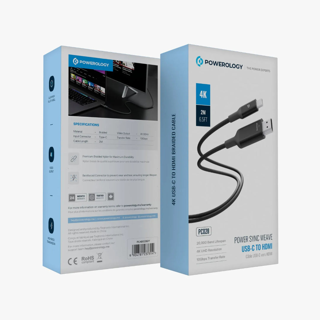 USB-C to HDMI Cable Powerology Power Sync Flex 4K 2M Durable Braided Nylon