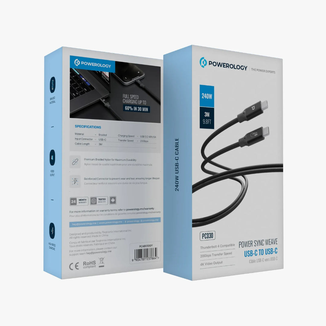 USB-C 240W Cable - Powerology Power Sync Weave 3M Durable Braided Nylon Charger