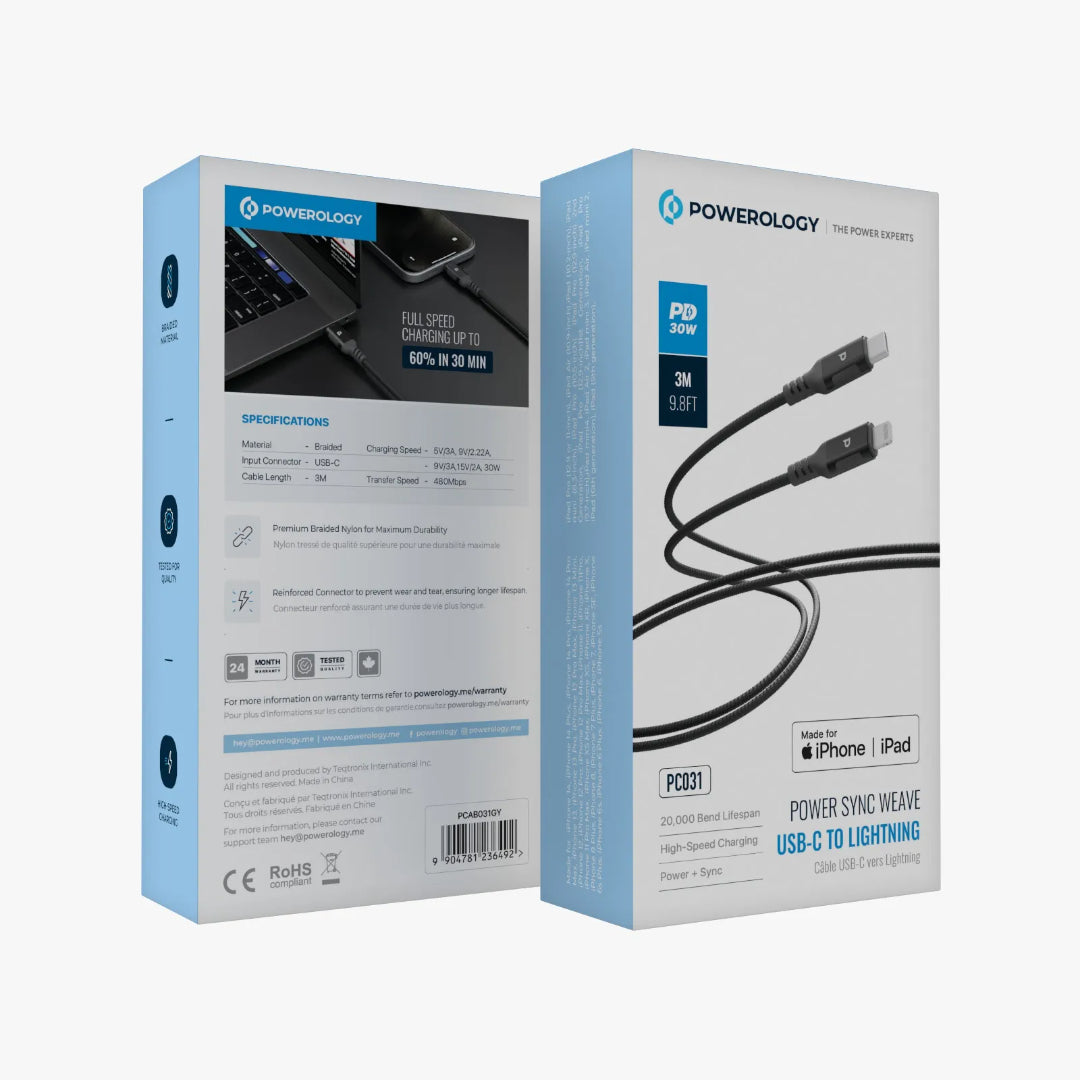 USB-C to Lightning Cable - Powerology Power Sync Braided Nylon 30W PD 3M