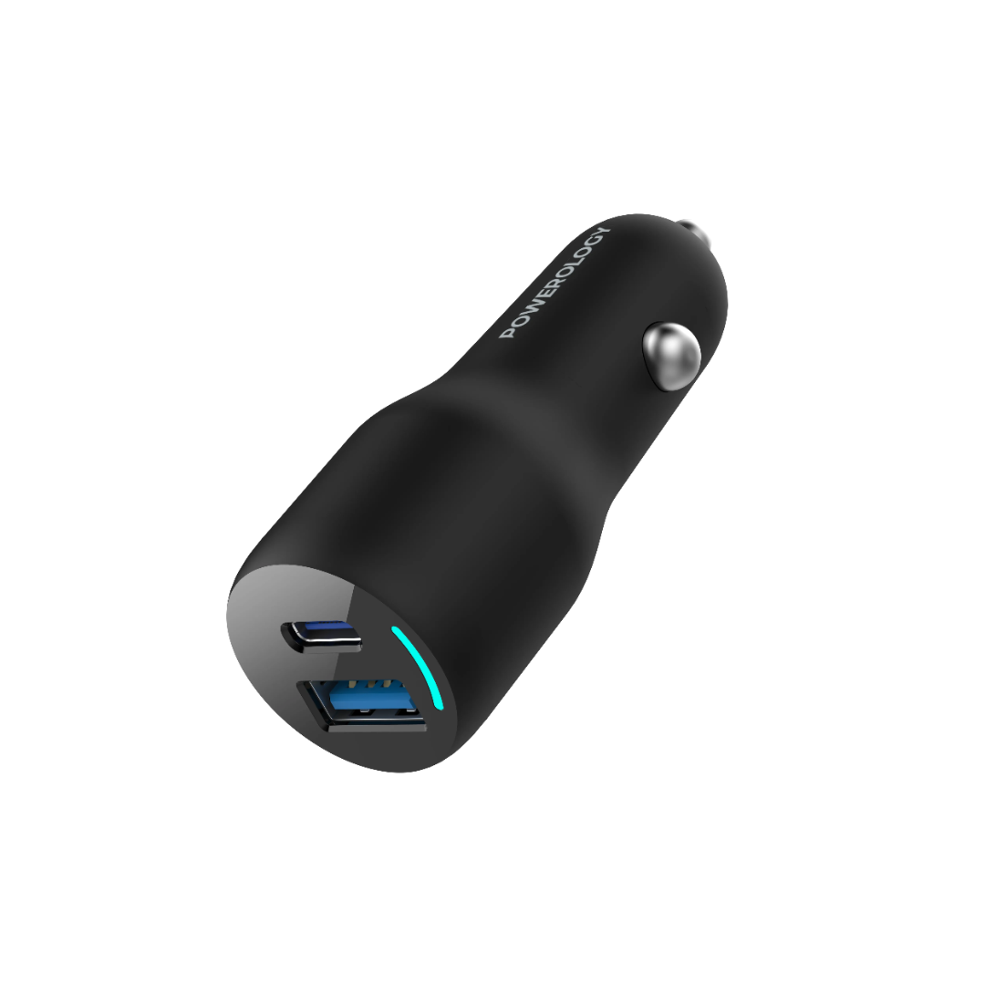 Dual Port Car Charger - Powerology 53W Fast Charging USB-C & USB-A Black Adapter
