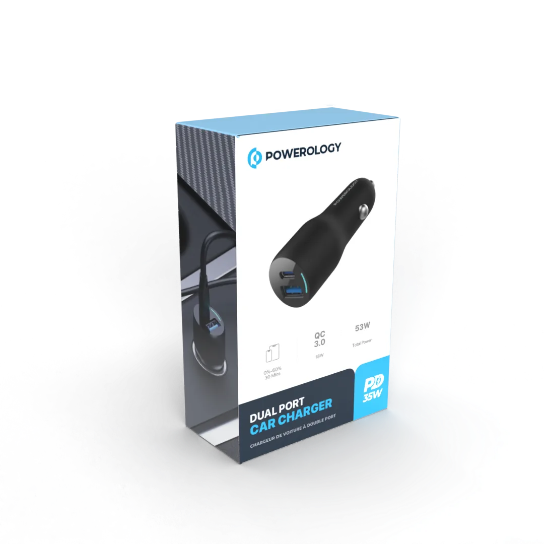 Dual Port Car Charger - Powerology 53W Fast Charging USB-C & USB-A Black Adapter