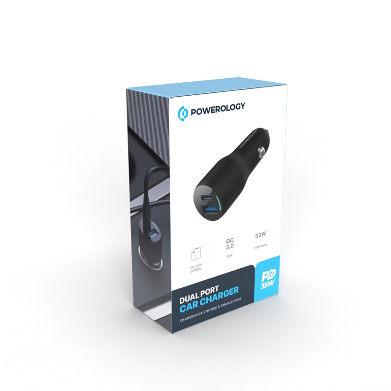 Powerology Dual Port Car Charger - Fast Charging 53W Black