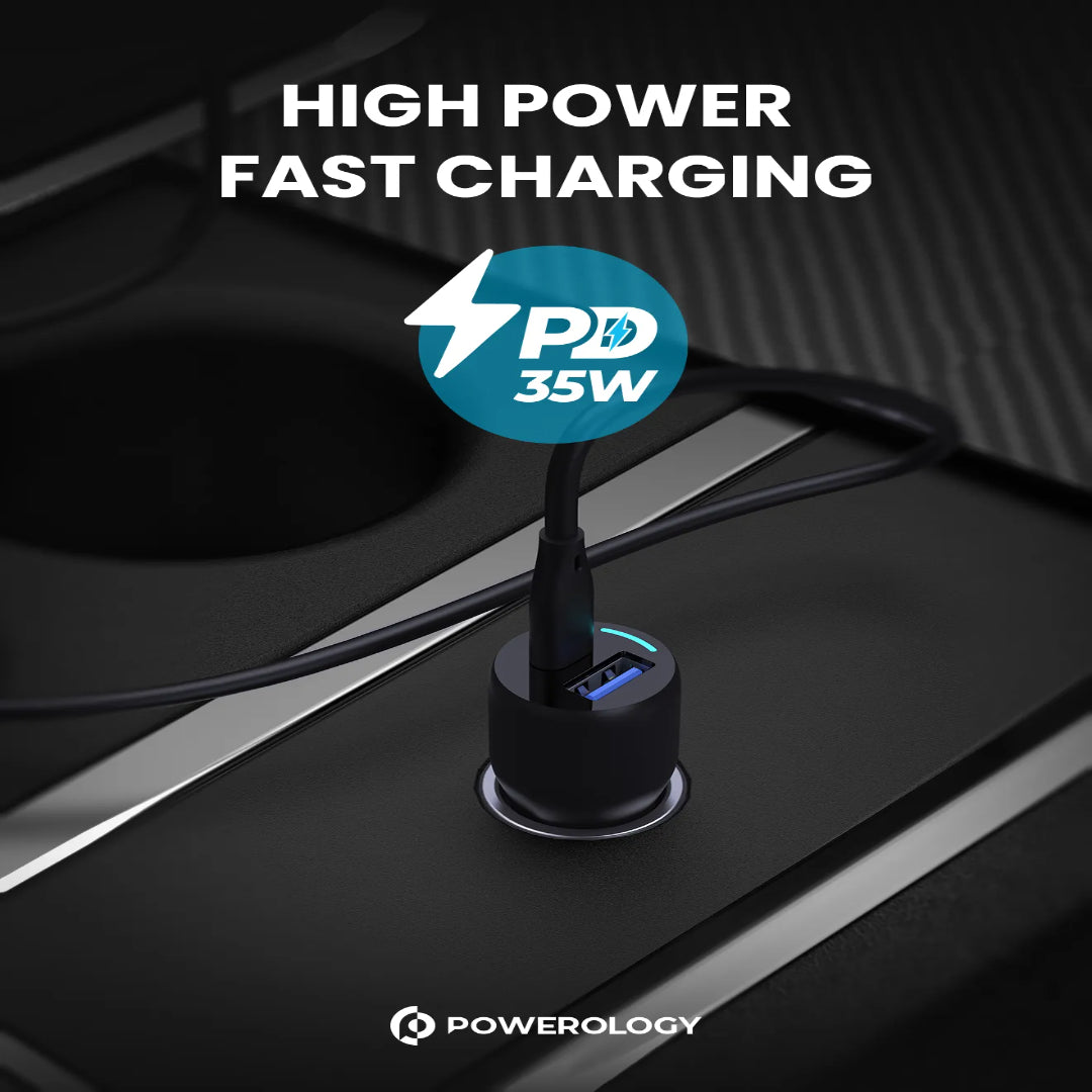 Dual Port Car Charger - Powerology 53W Fast Charging USB-C & USB-A Black Adapter