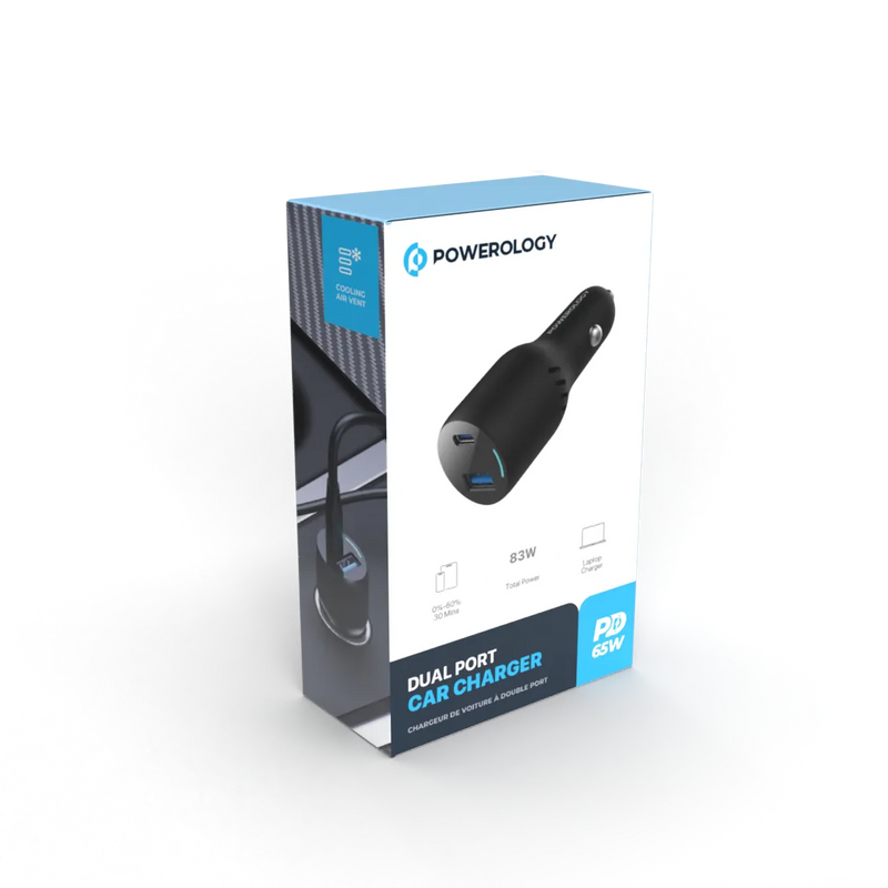 Powerology Dual Port Car Charger - 83W Fast Charging Black