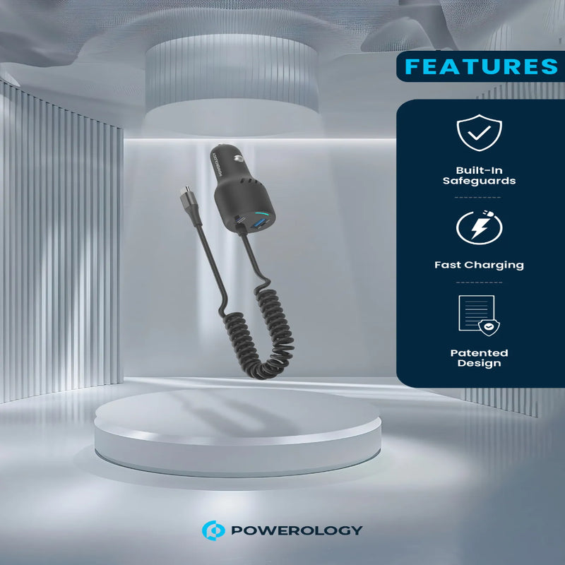 Powerology Triple Ports Car Charger & Type-C Cable - 98W Black