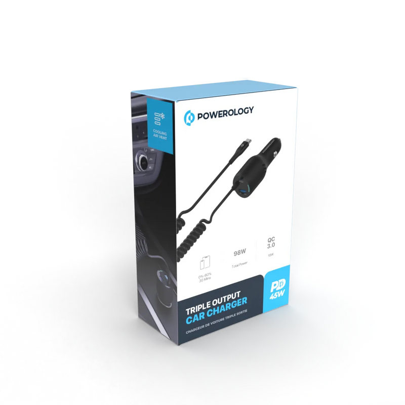 Powerology Triple Ports Car Charger & Type-C Cable - 98W Black