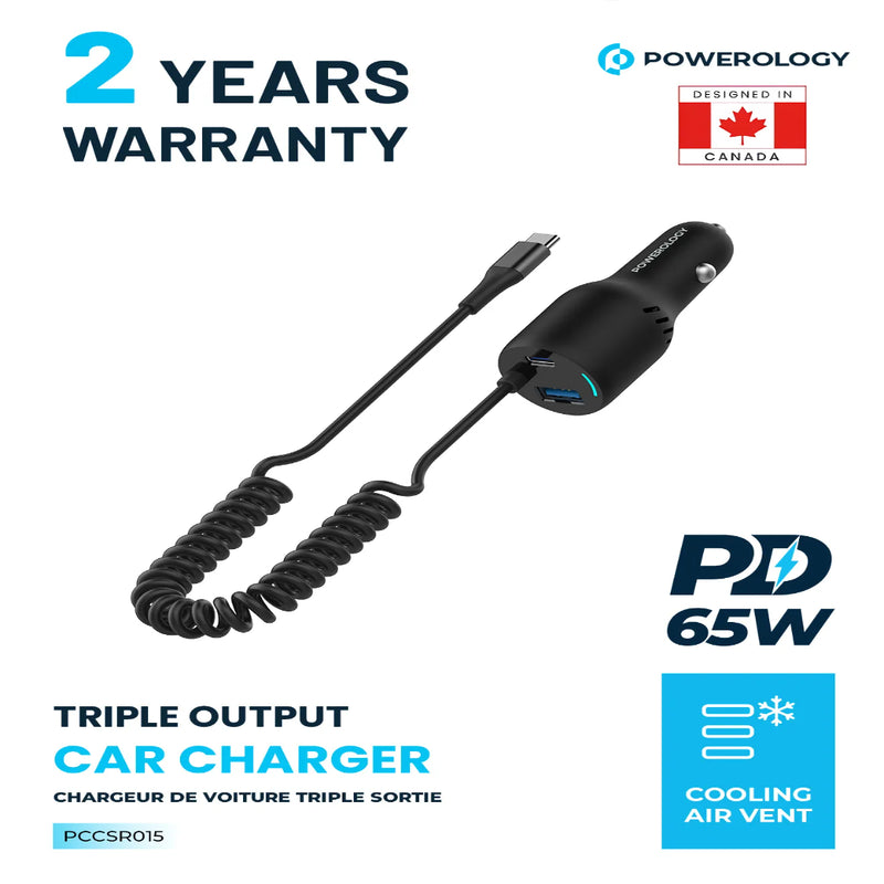 Powerology Triple Ports Car Charger & Type-C Cable - 98W Black