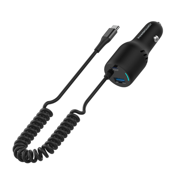 Powerology Triple Ports Car Charger with Type-C Cable Black