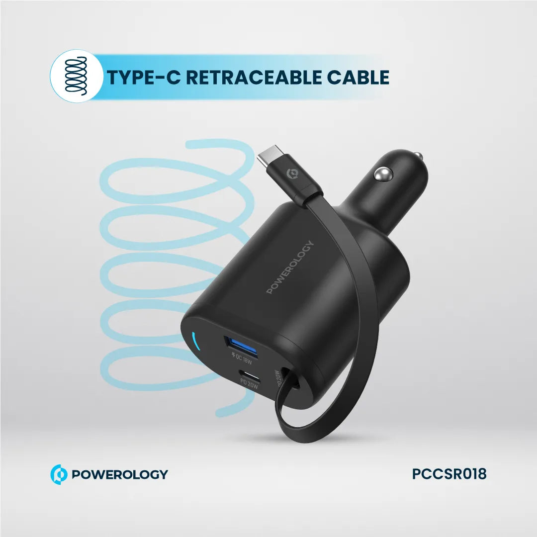 Type-C Car Charger - Powerology 70W Retractable Fast Charging Adapter with Built-In Safeguards