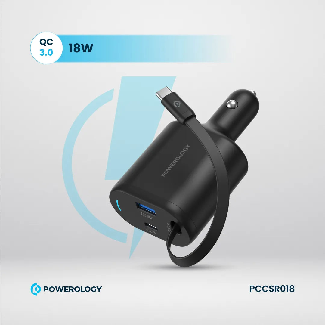 Type-C Car Charger - Powerology 70W Retractable Fast Charging Adapter with Built-In Safeguards