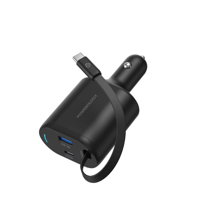 Powerology Type-C Retractable Car Charger - 70W Fast Charge Black