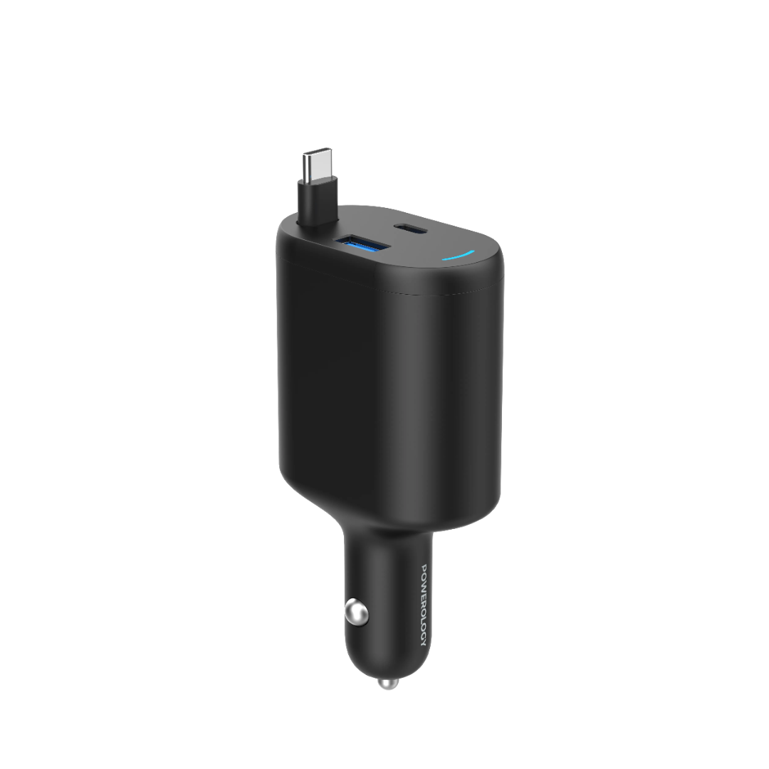 Type-C Car Charger - Powerology 70W Retractable Fast Charging Adapter with Built-In Safeguards