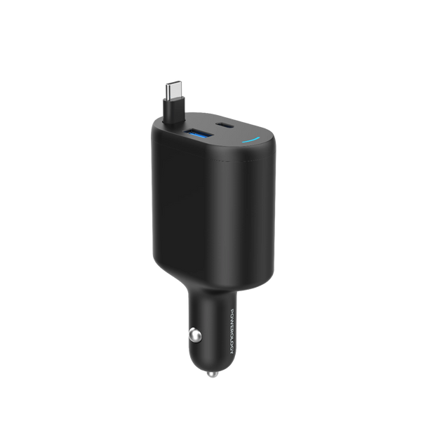 Powerology Type-C Retractable Car Charger - 70W Fast Charge Black
