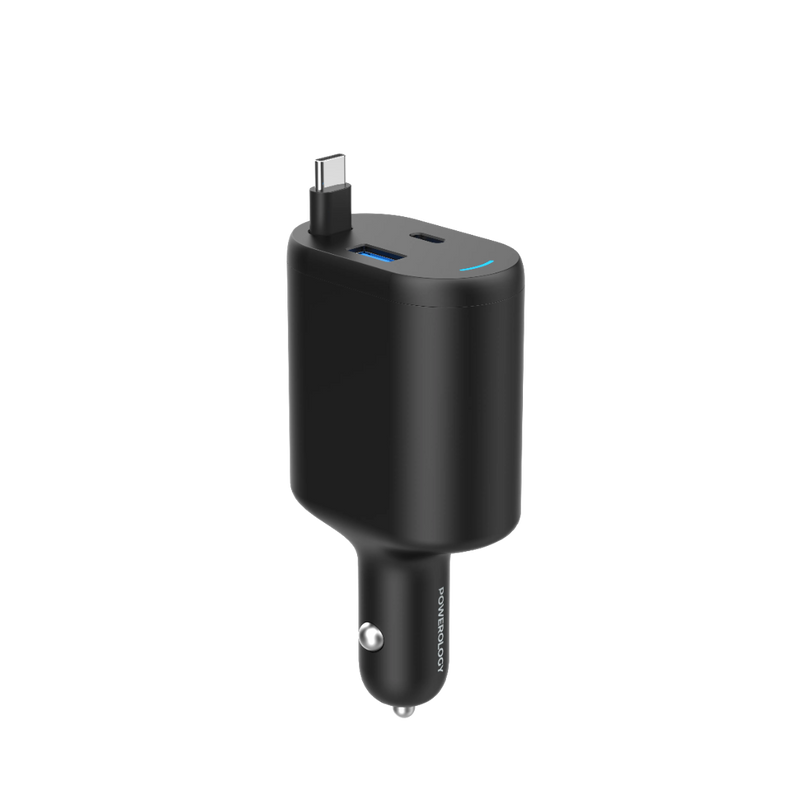 Powerology Type-C Retractable Car Charger - 70W Fast Charge Black