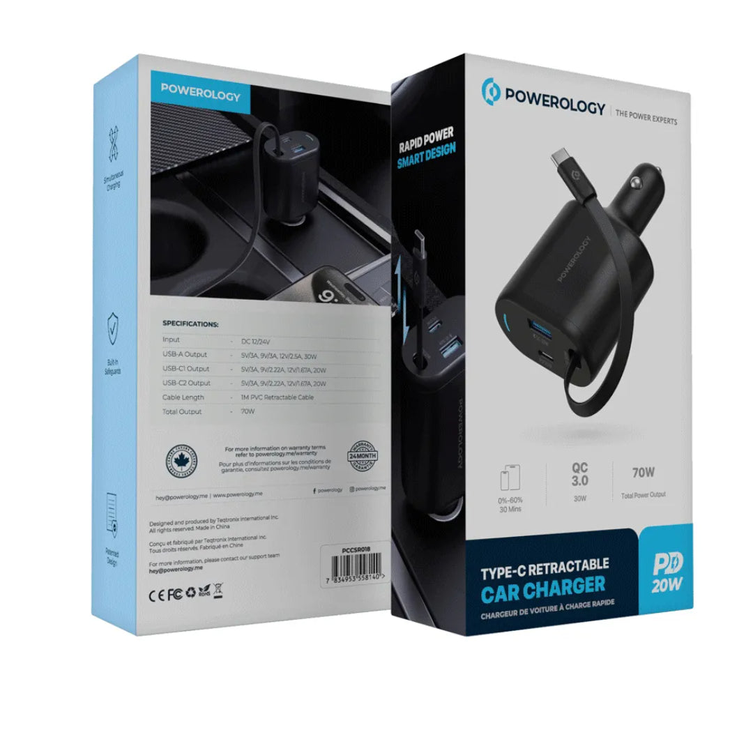 Type-C Car Charger - Powerology 70W Retractable Fast Charging Adapter with Built-In Safeguards
