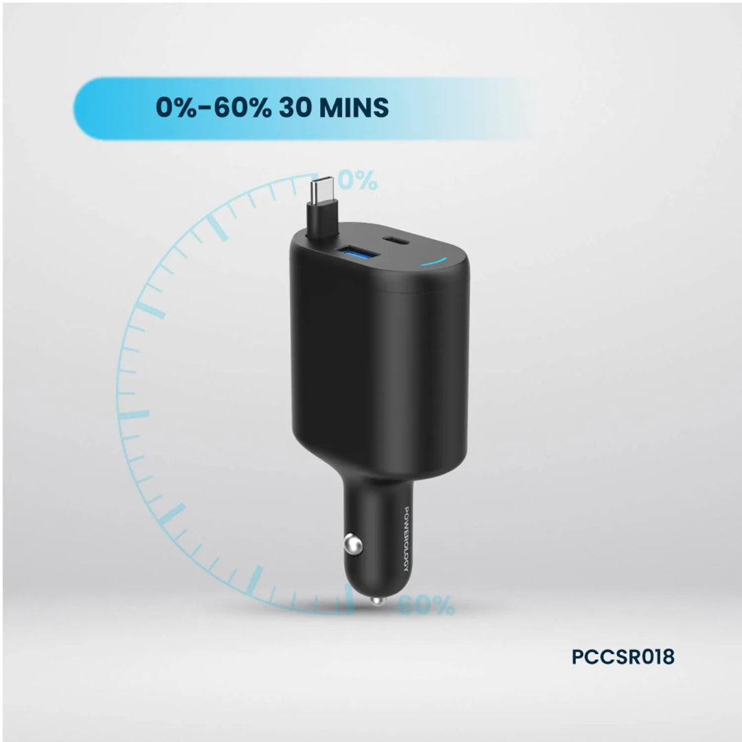 Type-C Car Charger - Powerology 70W Retractable Fast Charging Adapter with Built-In Safeguards