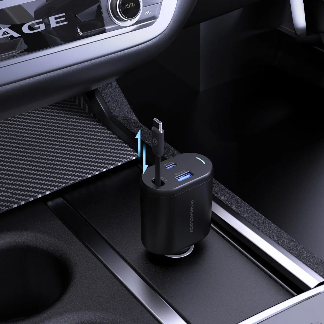 Type-C Car Charger - Powerology 70W Retractable Fast Charging Adapter with Built-In Safeguards